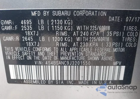 2018 Subaru Outback 2.5I Limited z USA, uszkodzony, nr VIN 4S4BSANC9J3201550